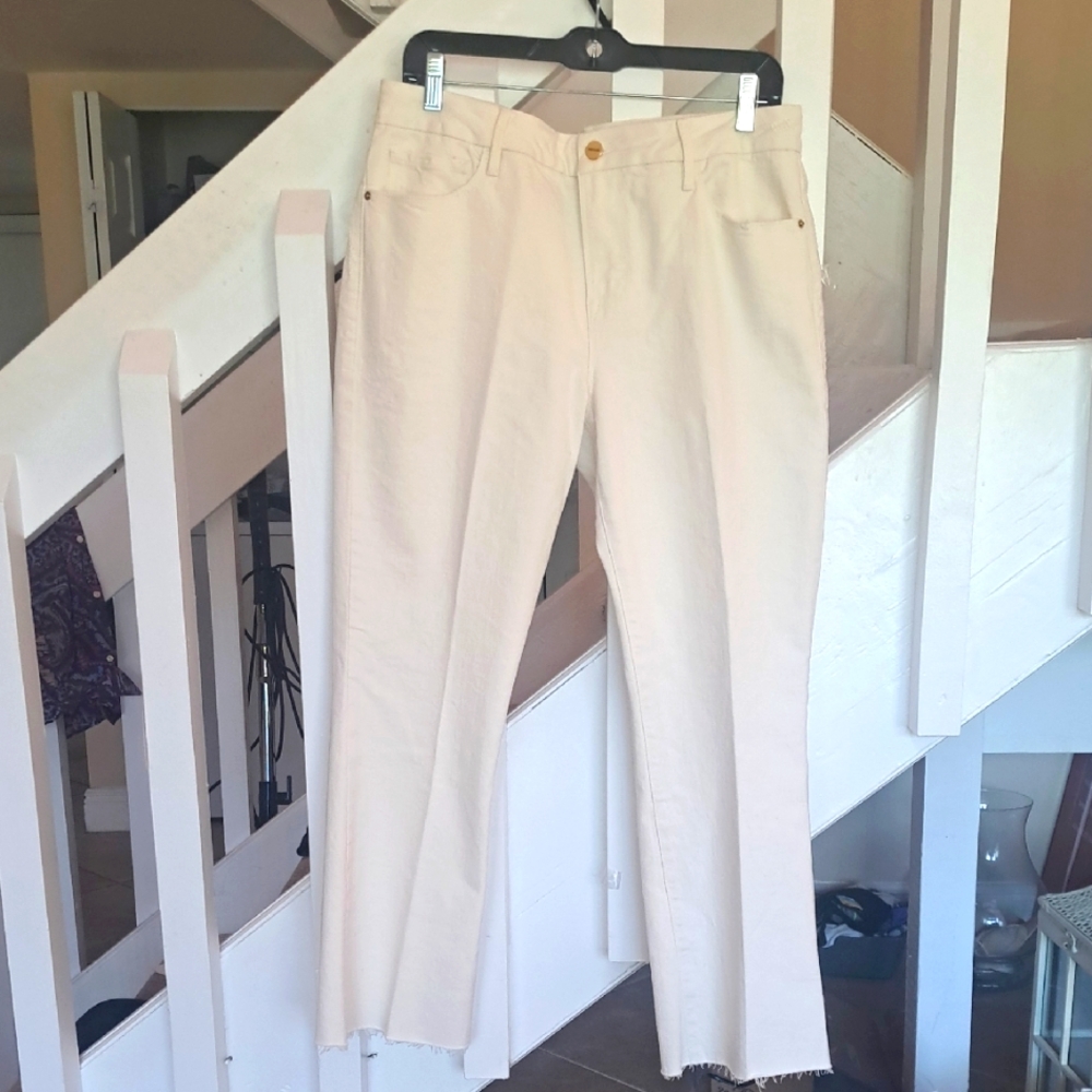 Frame LeCrop Mini Boot Cream/Off White Raw Edge Hem Jean  Sz33 Excellent